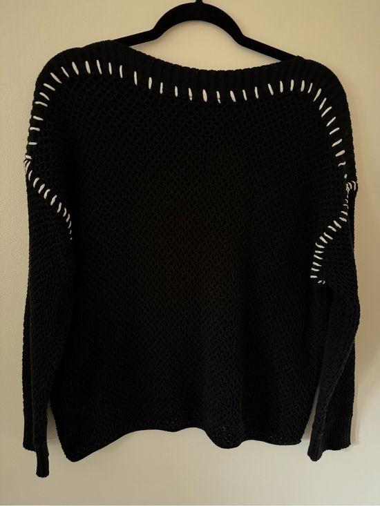 Sweaters - Black Open Knit Cotton Sweater Cropped Boxy Lightweight Pullover Size M/L